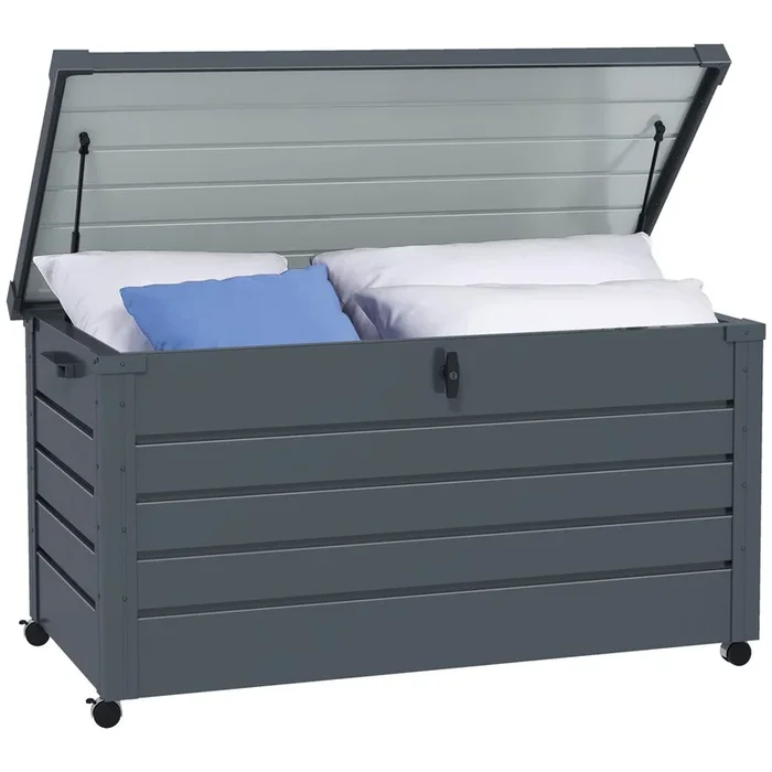 Outsunny Baúl de Exterior 311 L Arcón de Almacenaje de Acero Galvanizado con 4 Ruedas 2 Asas y 1 Cerradura con Llave para Jardín Patio 120x62x66 cm Gris Oscuro