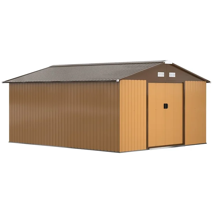 Outsunny Caseta de Jardín Exterior, 12,4 m² 340x386x200 cm, Cobertizo de Jardín Exterior Metálico con Techo de Fibra de Vidrio, Puerta Corredera, Base Refuerzo (Suelo NO Incluido) y Ventanas Ocre Oscuro
