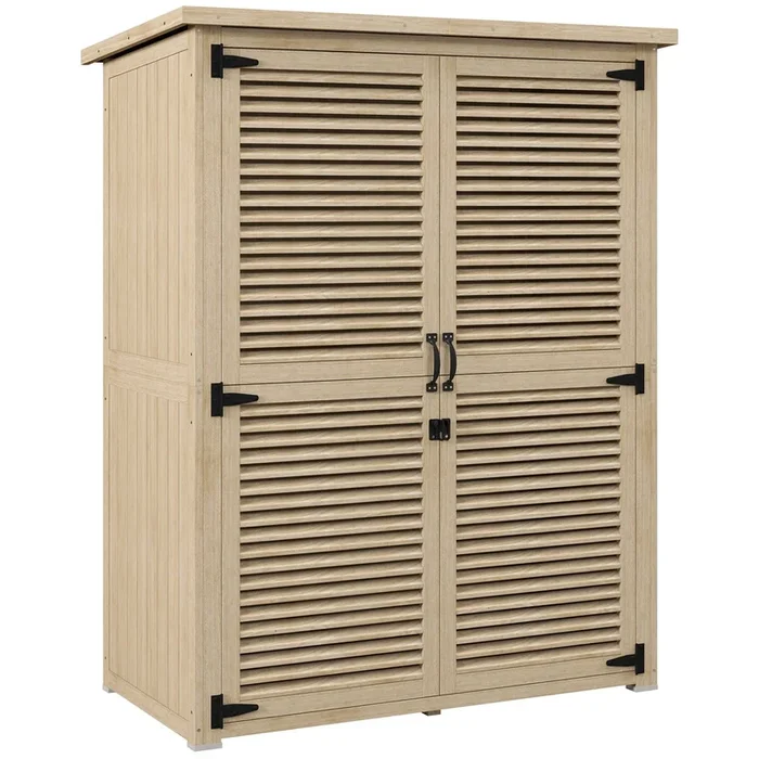 Outsunny Cobertizo de Madera 0,83 m² 127x65x168 cm Armario de Exterior de Madera con 2 Puertas de Persiana 2 Estantes 2 Asas y Techo Impermeable para Jardín Natural