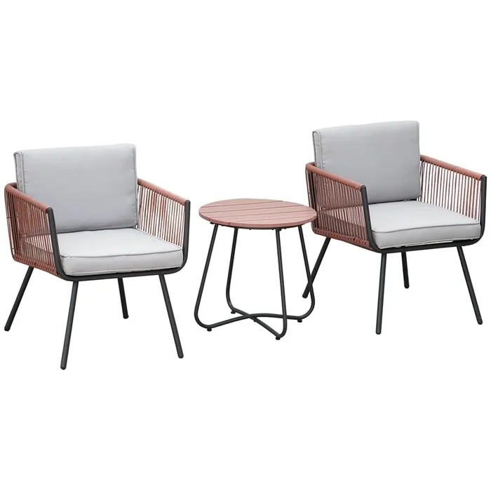 Outsunny Conjunto de Muebles de Jardín de Ratán Sintético 3 Piezas Conjunto de Mesa y 2 Sillas de Ratán con Cojines Acolchados Extraíbles para Balcón Terraza Patio Teca y Gris