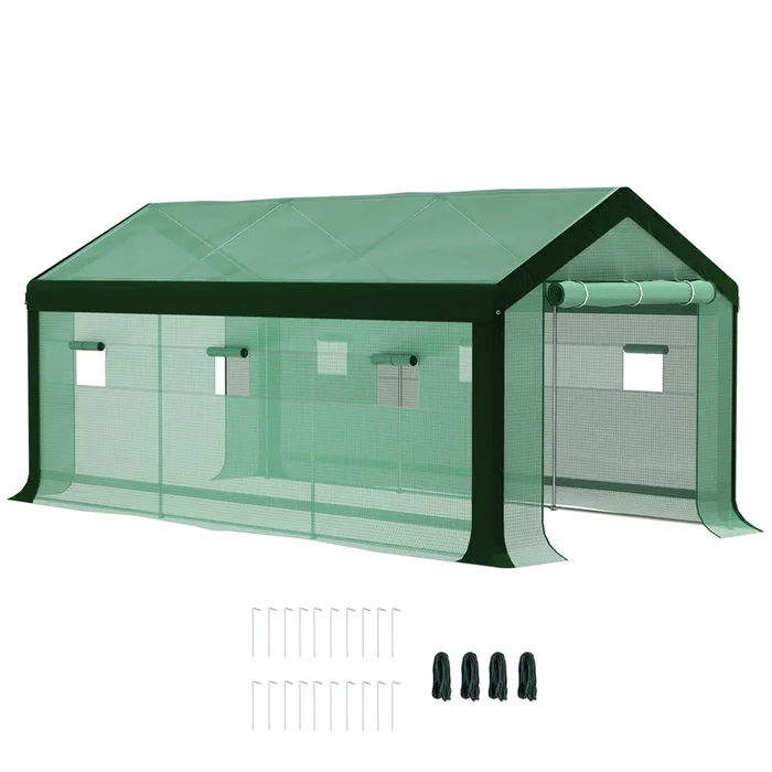 Outsunny Invernadero de Exterior 6x3x2,8 m Invernadero de Túnel con 6 Ventanas Cubierta de PE Anti-UV y 2 Puertas Enrollables con Cremallera Invernadero para Jardín Patio Verde