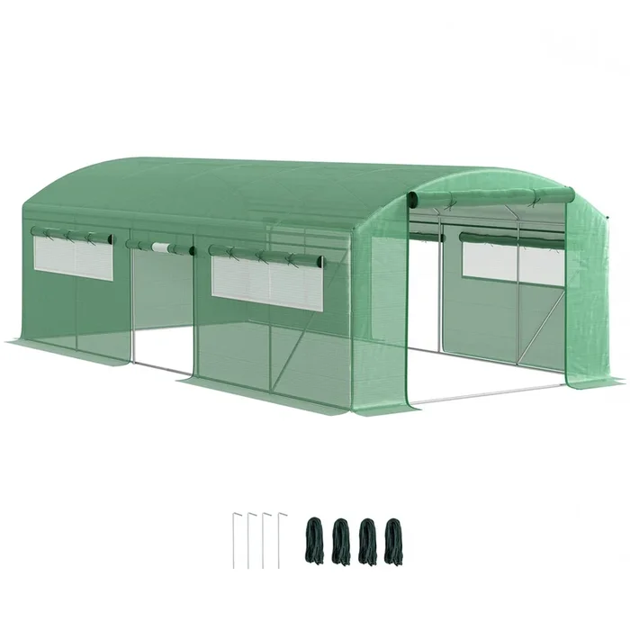 Outsunny Invernadero de Exterior 6x3x2 m Invernadero de Túnel con 6 Ventanas de Malla Cubierta de PE Anti-UV y 3 Puertas Enrollables con Cremallera para Jardín Patio Verde