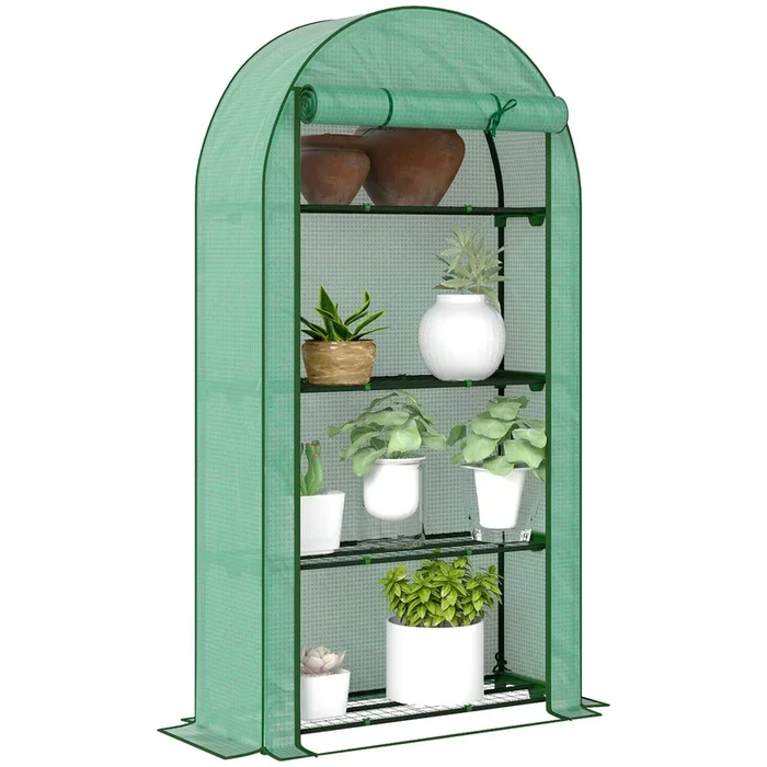 Outsunny Invernadero de Exterior Invernadero Pequeño de 4 Niveles con 4 Estantes Puerta Enrollable Cubierta de PE 140g/m² y Marco de Acero para Cultivos Plantas Flores 105x45x160 cm Verde