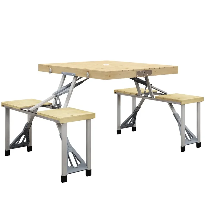 Outsunny Mesa de Camping Plegable 86×72,5×67 cm Mesa de Playa con Asientos Orificio para Sombrilla y Marco de Aluminio para Patio Jardín Terraza Natural