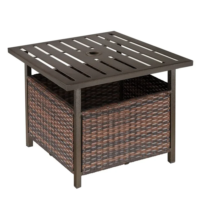 Outsunny Mesa de Comedor Exterior de Ratán Mesa Auxiliar con Orificio para Sombrilla de Acero con Mesa Cuadrada para Jardín Terraza Patio 55,5×55,5×46 cm Marrón
