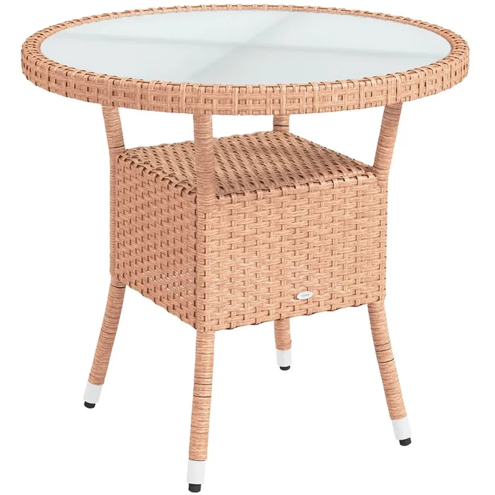 Outsunny Mesa de Ratán Redonda Ø80×75 cm Mesa de Jardín con Estante Tablero de Vidrio y Marco de Acero Carga 50 kg para Terraza Patio Natural