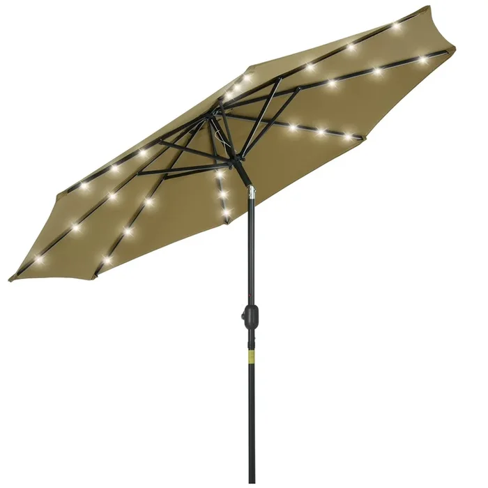 Outsunny Sombrilla de Jardín Ø268×238 cm Parasol de Terraza con 24 Luces LED Solar Mecanismo de Inclinación Manivela y Poste Desmontable de Metal para Piscina Patio Marrón