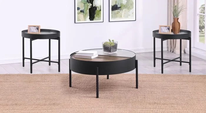 Ozella Sandy Black 3-Piece Round Coffee and End Table Set