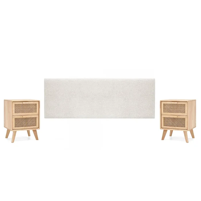 Pack Cabecero tapizado liso + 2 mesitas de madera beige 200 – DECOWOOD