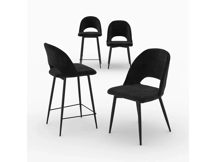 Pack de 2 sillas y 2 sillas de bar de 65 cm en terciopelo negro – Pénélope