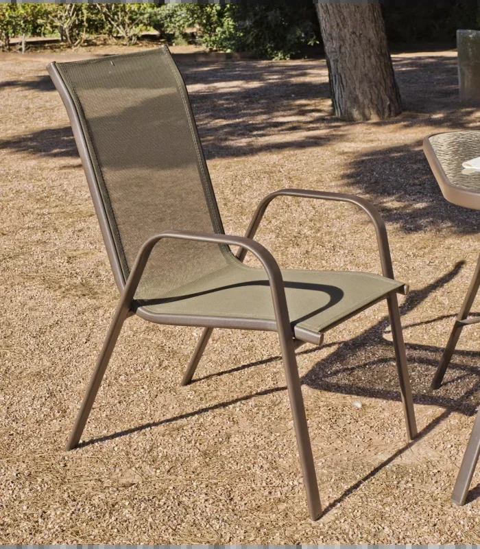 Pack de 2 Sillones acero/textilen Macao-3 apilables bronce. 94 cm(alto) 54 cm(ancho)84 cm(fondo)