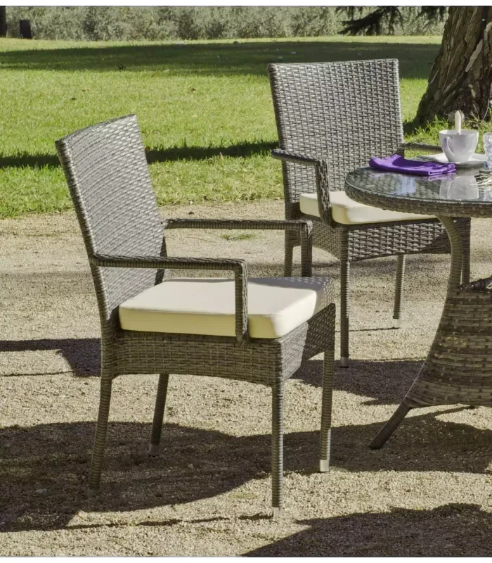 Pack de 4 sillones huitex apilables con cojines Mali acabado ratan sintetico gris, 90cm(alto) 55cm(ancho) 55cm(fondo)