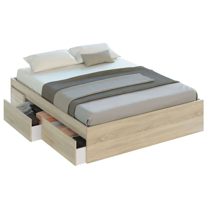 Pack de Dormitorio Andy Estilo Industrial en Color Roble Canadian y Óxido Cama + Cabecero con Mesitas + Cómoda (Armario Opcional)