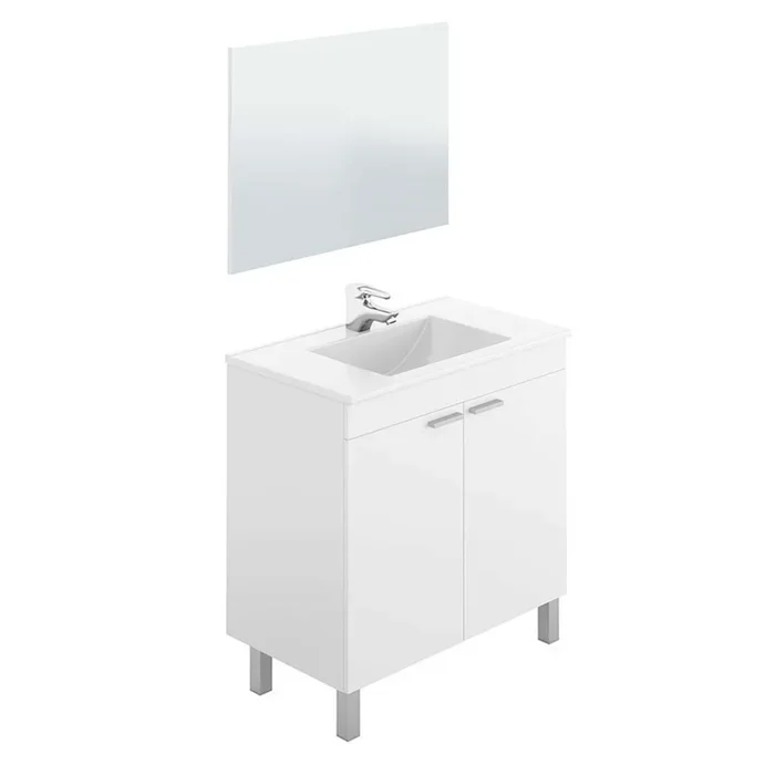 Pack muebles de baño color blanco brillo estilo moderno (mueble baño + espejo + columna + lavabo cerámico)