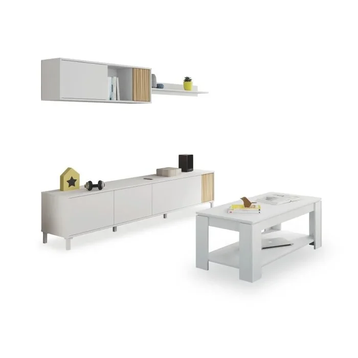Pack salón con mesa de centro Nitza Plus V1 Blanco Artik (Blanco Mate) – Natur 200 x 47 x 40 cm