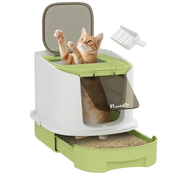 PawHut Arenero para Gatos Cubierto Caja de Arena para Gatos Arenero Cerrado con Entrada Frontal Salida Superior Tapa Removible Bandeja Extraíble y Pala 40,5×52,5×42,5 cm Blanco y Verde