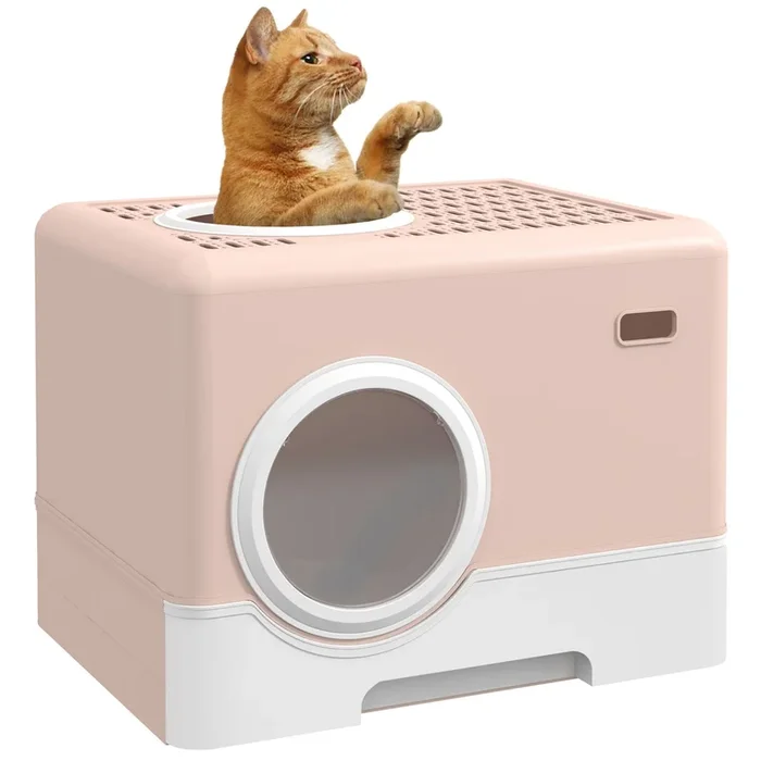 PawHut Arenero para Gatos Inodoro para Mascotas con Pala Bandeja Extraíble 2 Puertas Entrada Principal y Salida Superior 52x41x38,5 cm Rosa