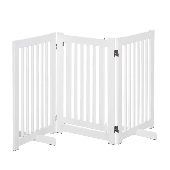 PawHut Barrera para Perros de Madera 155×76 cm Valla para Mascotas Plegable de 3 Paneles con 1 Puerta y Patas de Apoyo para Pasillo Escalera Blanco