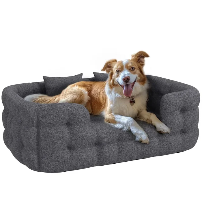 PawHut Cama para Perros Pequeños Cama para Mascotas con 2 Almohadas Colchón para Perros con Base Antideslizante Funda Extraíble y Lavable 110x70x35 cm Gris