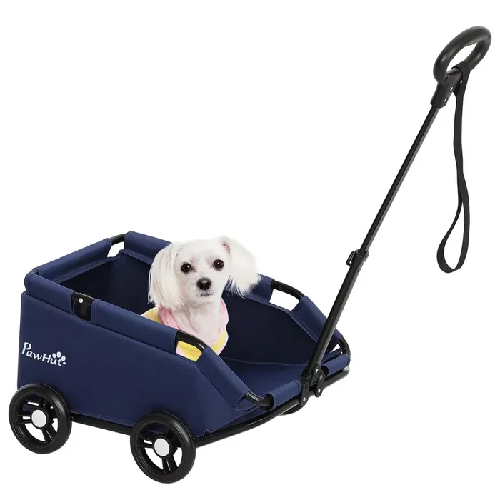 PawHut Carrito para Perros Plegable Cochecito para Mascotas Carrito para Perros Miniatura con Barra de Empuje Ajustable Diseño Abierto Cojín Bolsa de Almacenamiento y Ruedas 53x45x28 cm Azul Oscuro
