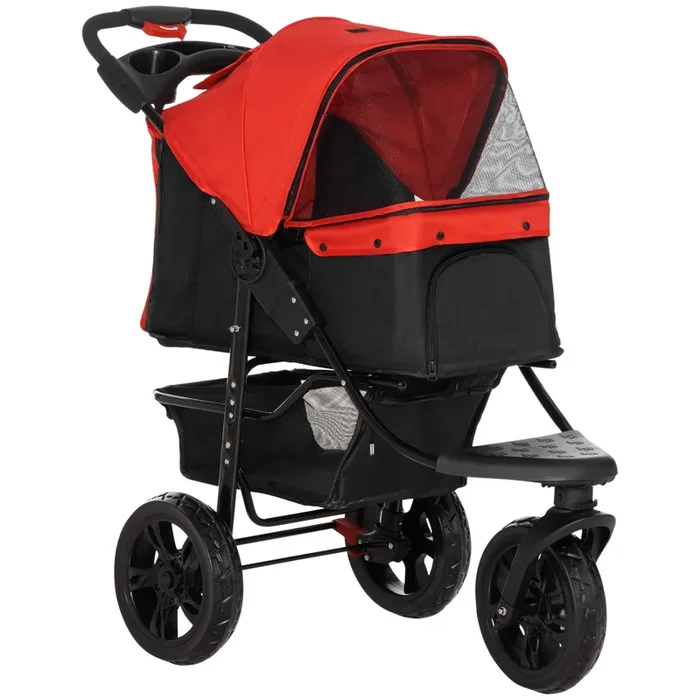 PawHut Carrito para Perros Plegable Cochecito para Mascotas Carrito para Perros Pequeños con 3 Ruedas Ventanas de Malla Cesta y Correas de Seguridad Carga 25 kg 109,5×57,5×106,5 cm Rojo