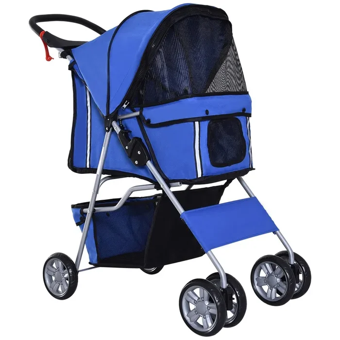 PawHut Carrito para Perros Plegable Cochecito para Mascotas Carrito para Perros Pequeños con Toldo Ajustable Cesta Ventanas de Malla Portavasos y Ruedas Carga 15 kg 75x45x97 cm Azul