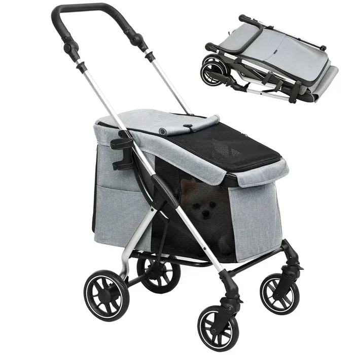 PawHut Carrito para Perros Plegable Cochecito para Perros Pequeños con Ruedas Universales Marco de Aluminio Correa de Seguridad Cojín Lavable y Ventanas 80×48,5×106 cm Gris