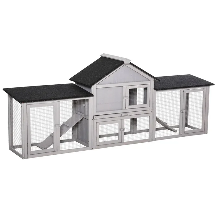 PawHut Conejera de Exterior Grande Jaula de Madera para 2-4 Conejos con Techo Asfáltico Recinto de Alambre Bandeja Extraíble y Rampas 210×45,5×84,5 cm Gris y Negro