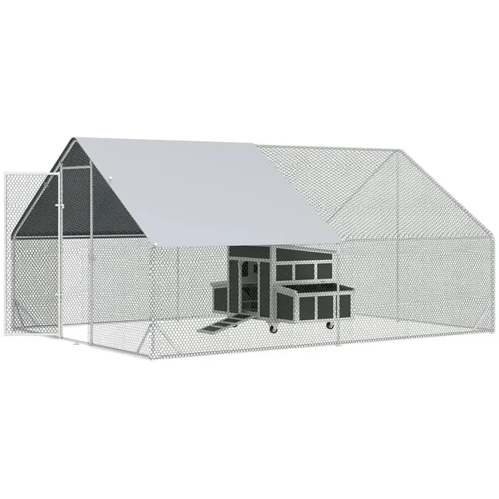 PawHut Conjunto de 1 Gallinero de Madera con Ventana Puerta Nido Bandeja Extraíble 147×93,5×89,5 cm y 1 Gallinero para Exterior Grande de Acero Galvanizado 3x4x2 m