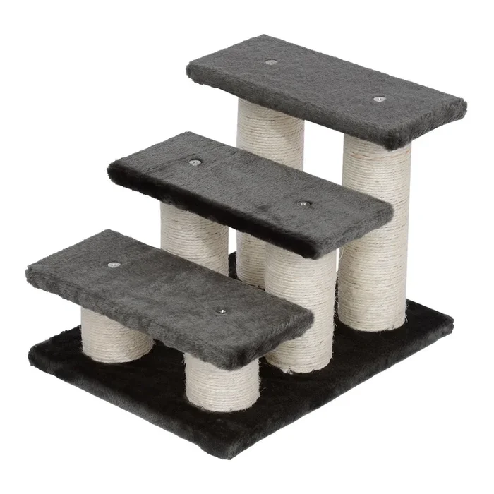 PawHut Escalera de 3 Peldaños para Mascotas con Cubierta Suave Poste Rascador Escaleras Auxiliar de Animales Pequeños 45x35x34 cm Gris
