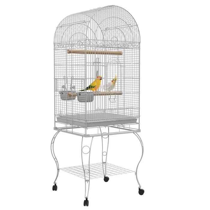 PawHut Jaula de Pájaros con Ruedas Jaula de Aves Exterior con Bandeja Extraíble Rejilla 2 Cuencos de Acero Inoxidable Estante y Percha para Periquitos 51x51x153 cm Blanco