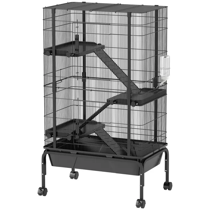 PawHut Jaula para Animales Pequeños de 4 Niveles Jaula para Roedores con Ruedas Rampas Cuenco Botella de Agua y Bandeja Extraíble Recinto para Conejos Chinchillas Hurones Cobayo 69x44x120 cm Negro