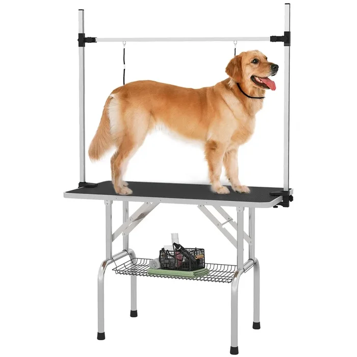 PawHut Mesa de Peluquería para Mascotas Mesa de Aseo Plegable con Estante de Almacenamiento Estructura Acero Altura Ajustable 20-80 cm 107x60x170 cm Negro