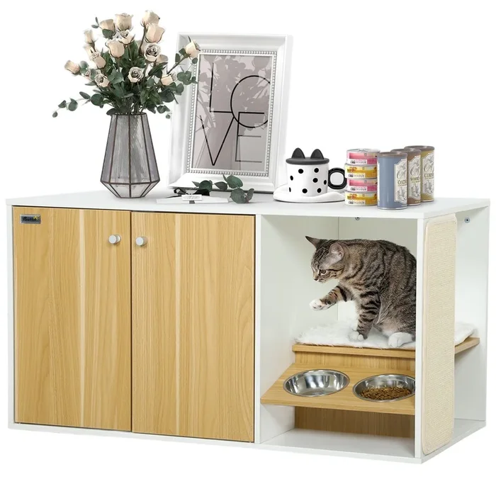 PawHut Mueble Arenero para Gatos 3 en 1 Nido Mesa Auxiliar Caja de Arena para Gatos con Puertas Cojín Tazones Estera para Rascar y Compartimento para Salón Dormitorio 95x48x50,5 cm Blanco y Roble