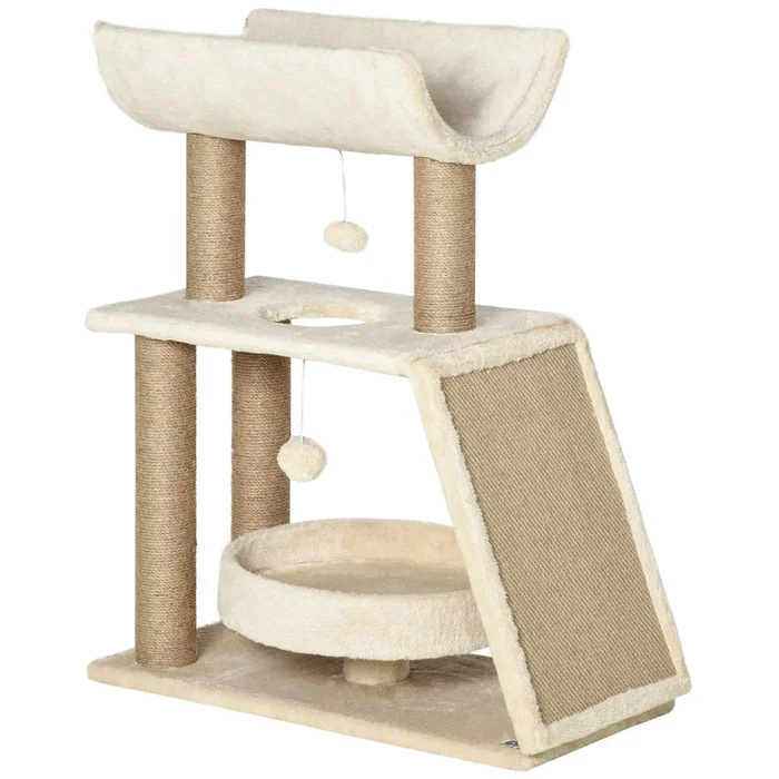 PawHut Rascador para Gatos Árbol para Gatos Altura 76 cm con 4 Postes Rascadores Nido Plataforma en U Almohadilla para Rascar Bolas Colgantes Marrón Claro