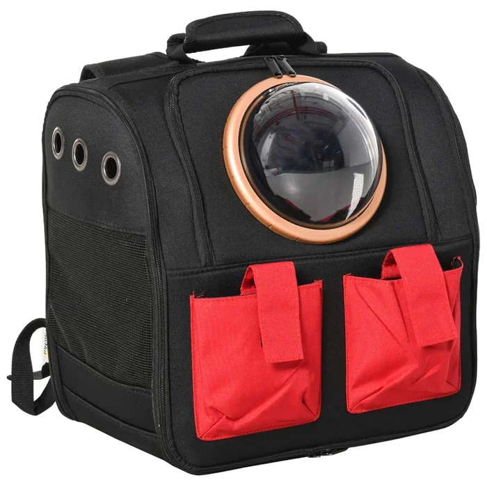 PawHut Transportín Mochila para Gatos Perros Pequeños Plegable con Ojo de Buey Cojín Bolsillos Correa de Seguridad y Ventilaciones Tela Oxford 38x24x38 cm Negro y Rojo