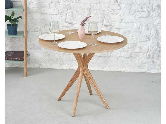 Pequena mesa de comedor redonda de 90 cm Jubi madera de fresno