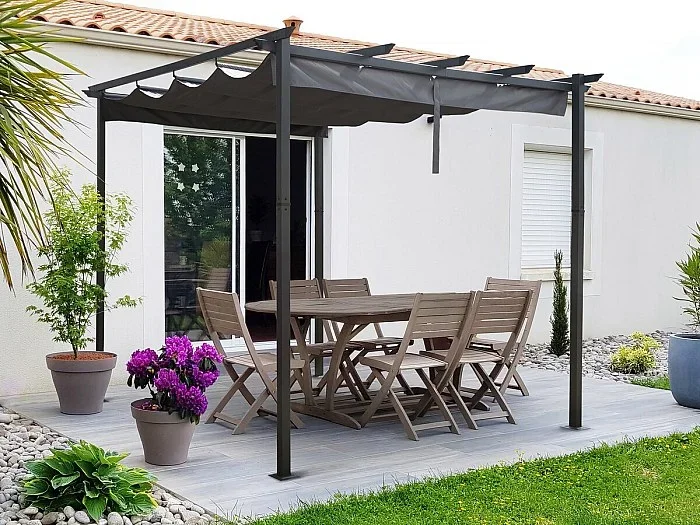 Pérgola de aluminio con techo retráctil – 3 x 4 m – Gris, ideal para crear un espacio acogedor durante todo el año