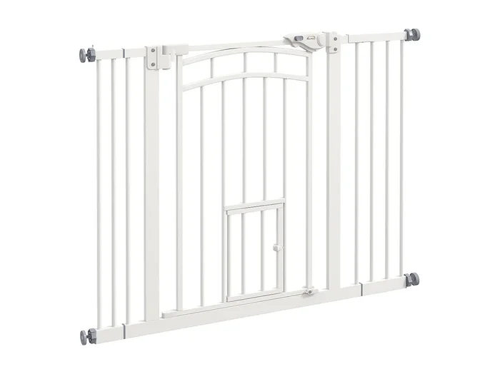 Puerta para perros con puerta automática y gatera, acero, blanca (74-100x4x76 cm)