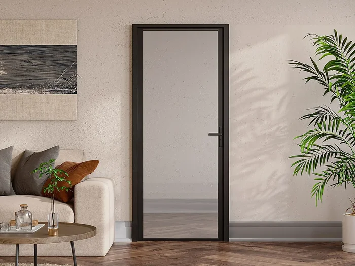 Puerta reversible de aluminio y vidrio templado – Alt. 204 x Ancho 73 cm – Negra – LOXTON