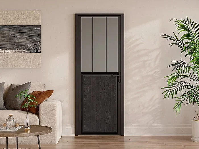 Puerta reversible de aluminio y vidrio templado esmerilado tipo taller – Alt. 204 x L73 cm – Negro – ERMELO