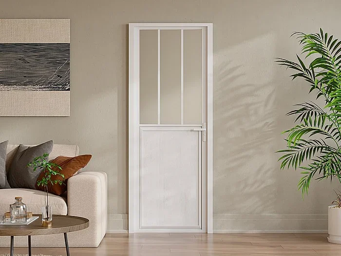 Puerta reversible de aluminio y vidrio templado tipo taller – Alt. 204 x L73 cm – Blanco – ERMELO
