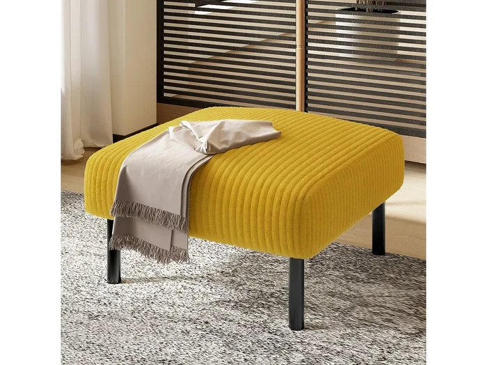 Puf de pana, diseño contemporáneo, metal y espuma, amarillo, versátil (56x51x39cm)