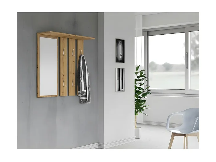 REGGY – Perchero de pared + espejo grande – 6 ganchos dobles – Estante – Mueble de entrada – 85x82x15cm