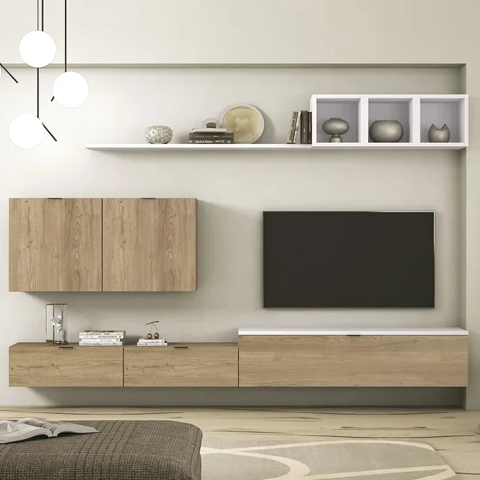 Salón bajo 1 puerta, 2 cajones, módulos cuadrados, cubos abiertos, balda – Milano 23