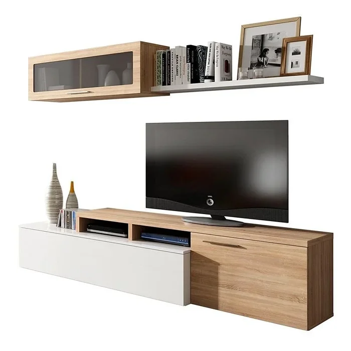 Salón Nexus Blanco – Roble Canadian 200cm (inferior) – 100cm (superior) – 95cm (estante) x 43(inferior)-32(superior) x 41-34(inferior)-32(superior)-21