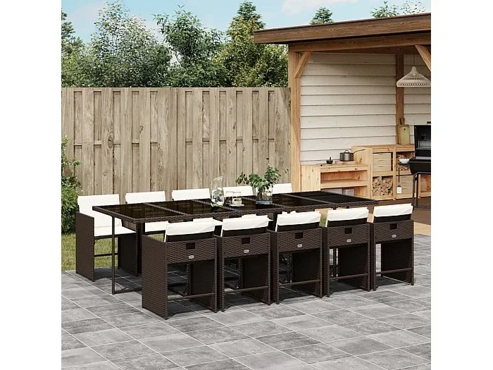 Set comedor de jardín 11 piezas y cojines ratán sintético marrón