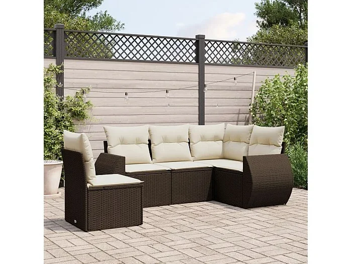 Set comedor de jardín 5 piezas y cojines ratán sintético marrón