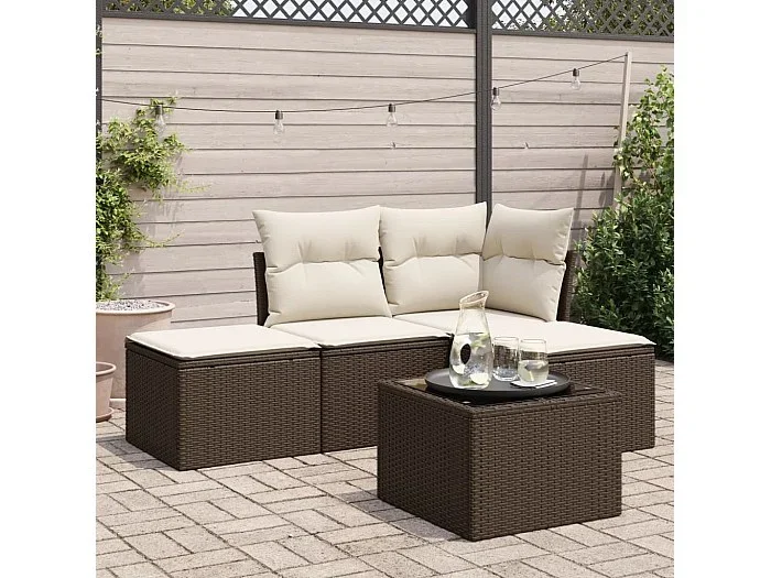 Set comedor de jardín 5 piezas y cojines ratán sintético marrón