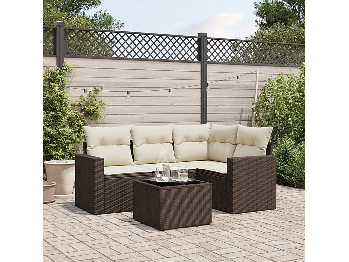 Set comedor de jardín 5 piezas y cojines ratán sintético marrón